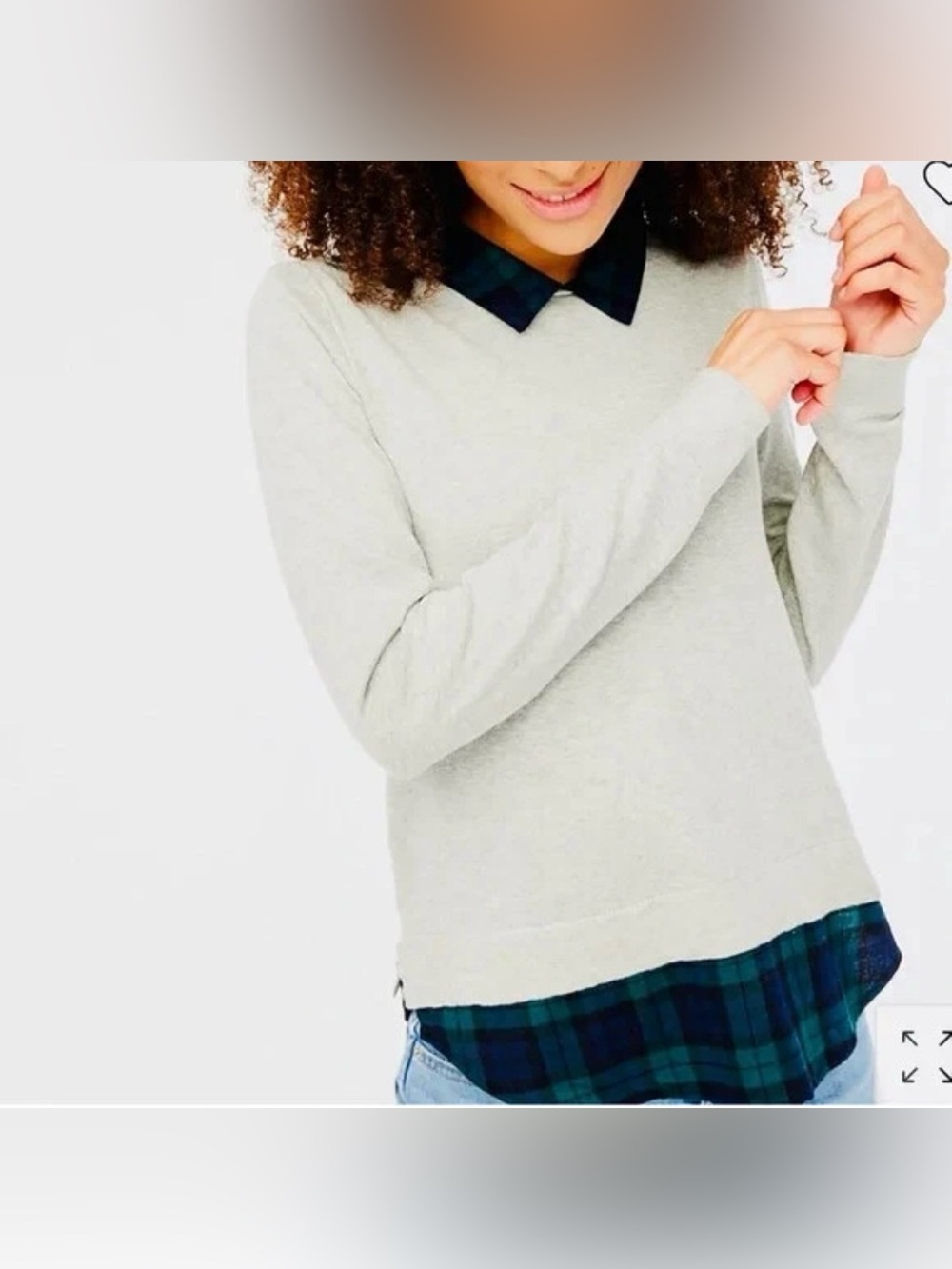 J Crew Woven Collar/Hem Sweater in Blackwatch Blue Gray Plaid Flannel S NWT